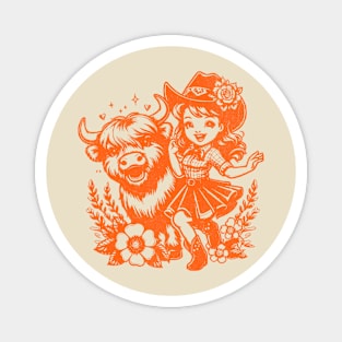 Western CowGirl Kid and Highland Cow - Retro style Unique Cowboy Themed Magnet